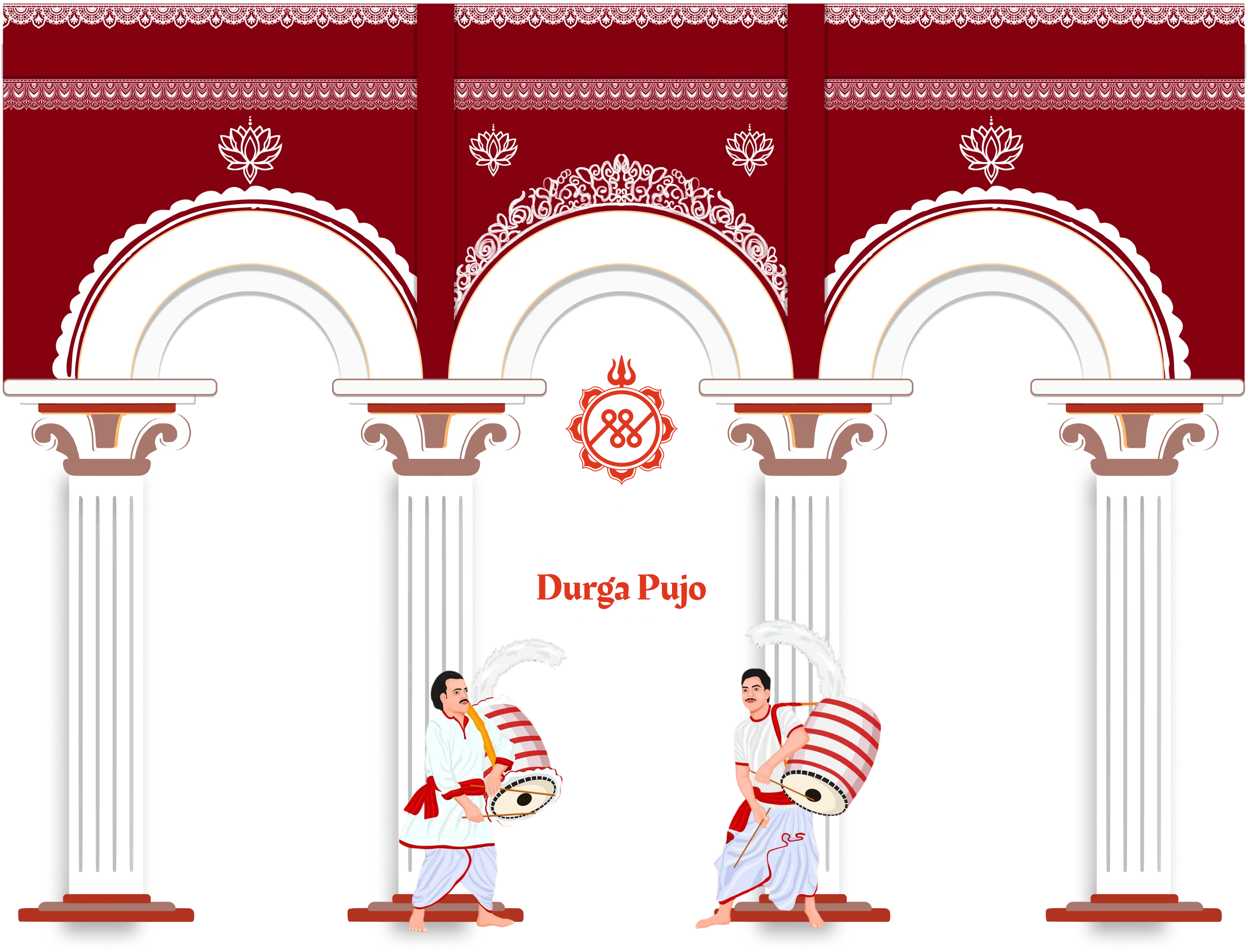 Shriram Samruddhi Durga Pujo 2026 — dhakis playing beneath temple arches